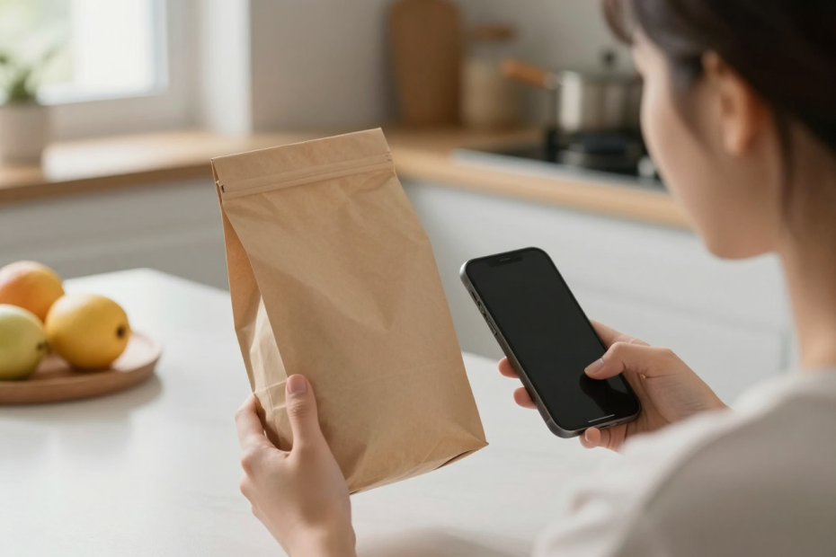 A person at a kitchen table holding a plain package, phone in the other hand